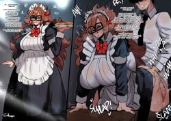 1boy 1girls android_21 android_21_(human) ass big_ass big_breasts blue_eyes breasts brown_hair dragon_ball dragon_ball_fighterz dragon_ball_super dragon_ball_z embo female glasses hand_on_ass huge_breasts large_breasts long_hair maid maid_headdress maid_uniform male sex straight