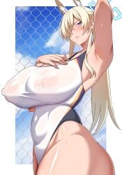 arind_yudha big_breasts blonde_hair blue_archive blush breasts female huge_ass huge_breasts kanna_(blue_archive) kanna_(swimsuit)_(blue_archive) solo thick_thighs