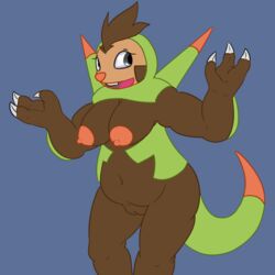 3_fingers anthro areola armor armpits belly big_breasts breasts brown_hair brown_skin buckteeth chestnut claws clothing eyelashes female food fruit grey_eyes hair looking_back mammal navel nintendo nipples nude open_mouth pokemon posexe pussy quilladin simple_background slightly_chubby smile solo spikes standing teeth tongue video_games