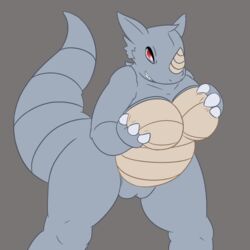 anthro belly big_breasts breast_grab breasts claws dinosaur fangs female grey_skin hand_on_breast horn looking_at_viewer mammal nintendo nude pokemon pokemon_(species) posexe pussy red_eyes rhinoceros rhydon simple_background slightly_chubby smile solo spread_legs spreading standing teeth video_games