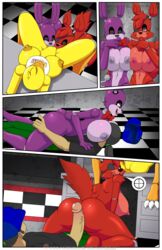 1boy 2016 3girls absurdres animatronic anthro areola ass ass_grab avian beak big_breasts bird bisexual black_nose bonnie_(fnaf) bow_tie breasts buckteeth canine chica_(fnaf) chicken closed_eyes comic cowgirl_position erect_nipples eye_patch eyewear feathers female female/female five_nights_at_freddy's fox foxy_(fnaf) front_view fur furry grey_eyes group group_sex hand_on_ass highres huge_breasts human lagomorph looking_pleasured machine male male_human/female_anthro male_human/female_robot mammal navel nipples on_top open_mouth oral orgasm penetration pink_eyes presenting_partner purple_eyes purple_fur pussy rabbit rear_view red_fur robot rule_63 sex spread_legs spreading straight teeth thegeckodemon thegeckoninja tongue tongue_out vaginal_penetration yellow_feathers