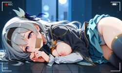 ai_generated breasts_out_of_clothes firefly_(honkai:_star_rail) gag gagged grey_hair honkai:_star_rail laying_on_side looking_at_viewer mostly_clothed recording tape_gag tearing_up