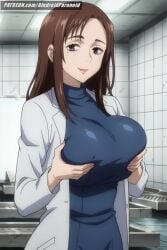 ai_generated aindroidparanoid big_breasts breasts brown_eyes brown_hair busty coat curvy female female_only gigantic_breasts hips huge_breasts indoors jujutsu_kaisen lab labcoat large_ass large_breasts lips long_hair makeup massive_breasts milf mommy narrow_waist nipples parted_lips shoko_ieiri squeezing_breast stable_diffusion straight_hair turtleneck voluptuous