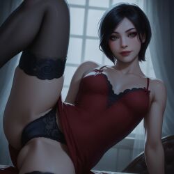 1girls ada_wong ai_generated black_hair couch dress dress_lift lace_panties lingerie panties ragen ragen_nsfw resident_evil resident_evil_4_remake seductive_look seductive_smile short_hair shy smile solo_female stockings thighhighs