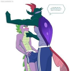 1:1 anthro anthrofied arthropod blush bottomwear changeling clothed clothing dragon duo english_text erection erection_under_clothing fangs friendship_is_magic green_eyes hasbro hi_res horn male male/male mandibles my_little_pony mythological_creature mythological_scalie mythology pharynx_(mlp) purple_body purple_eyes purple_scales reformed_changeling scales scalie shallowwin shorts simple_background spike_(mlp) tail teeth text topless white_background