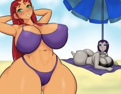 2girls ass beach bikini breasts dc dc_comics female female_only kunanstudio large_ass large_breasts raven_(dc) starfire swimsuit teen_titans thick_thighs thighs wide_hips