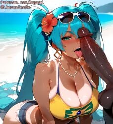 1boy 1girls ai_generated aqua_eyes aqua_hair asunai beach brazilian brazilian_miku cock_worship cutoffs dark-skinned_male denim_shorts earrings female hair_flower hair_ornament hatsune_miku jewelry kneeling large_penis latin_american_hatsune_miku_(meme) lips long_hair looking_at_viewer necklace open_mouth saliva short_shorts stable_diffusion submissive sunglasses sunglasses_on_head swimsuit tan-skinned_female tan_skin tanline tanned testicles tongue tongue_out twintails veins veiny_penis vocaloid