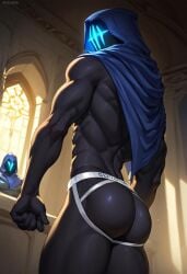 abs ai_generated ass back biceps faceless faceless_character faceless_male gay jockstrap jockstrap_only looking_at_viewer looking_back male male_only muscular muscular_male nude_male omen_(valorant) toned_body toned_male twall97 valorant