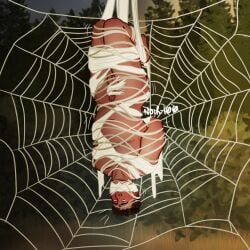 1boy bondage bound_and_gagged forest gagged guy_in_distress human male mummification noir-100 nude nude_male outside peril solo_male spider_web story_at_source trapped upside-down web_bondage web_gag