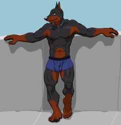 5_toes abs anthro black_body black_fur black_nose black_pawpads blue_eyes brown_body brown_fur brown_markings bulge canid canine canis chain_necklace chestnuts_(artist) claws clothed clothing detailed_bulge dobermann domestic_dog feet fingers full-length_portrait full_foot_pawpads fur gloves_(marking) grey_claws humanoid_feet jewelry leaning leaning_on_wall leg_markings linkin looking_aside male mammal markings muscular muscular_anthro muscular_male navel necklace outside pawpads pecs pinscher pinup pivoted_ears plantigrade portrait pose shaded smile socks_(marking) solo spread_arms standing toe_claws toes underwear underwear_only whisker_spots