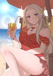 1girls absurdres alternate_costume breasts casual_one-piece_swimsuit cocktail cocktail_glass drink ebinku edelgard_von_hresvelg edelgard_von_hresvelg_(summer) female female_only fire_emblem fire_emblem:_three_houses fire_emblem_heroes flower frilled_one-piece_swimsuit frills glass hair_flower hair_ornament hair_ribbon highres long_hair looking_at_viewer nintendo official_alternate_costume one-piece_swimsuit purple_eyes red_one-piece_swimsuit red_swimsuit ribbon smile solo straw swimsuit white_hair