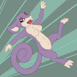 3_toes 4_fingers anthro areola armpits breasts buckteeth chest_tuft claws erect_nipples eyelashes female fur looking_back mammal multicolored_fur nintendo nipples nude open_mouth pokemon posexe purple_fur pussy rat rattata red_eyes rodent simple_background smile solo spread_legs spreading teeth toe_claws toes tongue tuft two_tone_fur video_games white_fur