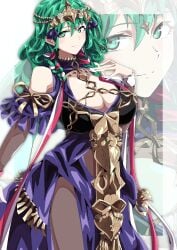 1girls alternate_costume braid breasts byleth_(fire_emblem) byleth_(fire_emblem)_(female) cleavage dress female female_only fire_emblem fire_emblem:_three_houses green_eyes green_hair hand_on_own_chest large_breasts long_hair looking_at_viewer nintendo pantyhose smile solo to_(tototo_tk) twin_braids