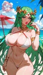 ai_generated beach big_breasts bikini bimbo cameltoe curvy green_eyes green_hair hkgstudio kid_icarus looking_at_viewer milf milfification nintendo palutena thick_thighs voluptuous