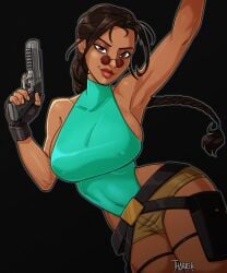 2024 2d 2d_artwork armpits arms_up big_breasts braid breasts brown_eyes brown_hair busty female female_focus female_only gun hourglass_figure lara_croft lara_croft_(classic) large_breasts long_hair looking_over_eyewear looking_over_sunglasses makeup pinup pinup_pose pistol sunglasses tagme tan tan_body tan_skin tharrek tinted_eyewear tomb_raider wide_hips