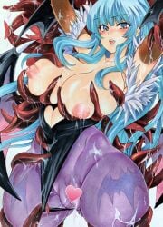 animal_print aqua_eyes aqua_hair armpits arms_up bat_print black_leotard blunt_bangs breasts brown_sleeves censored clothing_cutout cowboy_shot darkstalkers demon_girl demon_wings detached_sleeves female head_wings heart heart_censor heart_cutout highres large_breasts leotard long_hair morrigan_aensland nipples open_mouth pantyhose print_pantyhose purple_pantyhose solo succubus tentacle tentacle_sex twobee wings