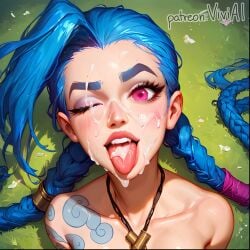 ahe_gao ahe_gao ai_generated arcane blue_hair blush braid braided_hair braided_twintails bukkake cum cum_on_face cum_on_tongue jinx_(league_of_legends) league_of_legends league_of_legends:_wild_rift long_hair looking_at_viewer one_eye_closed pink_hair semen sharp_teeth tagme tattoo tattoos thick_eyebrows thick_eyelashes tongue tongue_out viviai