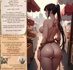 ai_generated anime assasin big_ass big_breasts big_butt bounty cum dark_hair edited fantasy female fictional hunter market naked nude photoshop roleplay rope_bondage slave slavegirl slavery tattoo waifu