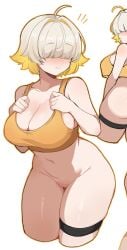 ahoge ass bare_shoulders blonde_hair blush bottomless breasts cleavage closed_mouth collarbone commentary cropped_legs elegg_(nikke) english_commentary female goddess_of_victory:_nikke hair_intakes hair_over_eyes hands_up highres leaning_forward light_frown maidcousin multicolored_hair multiple_views navel nose_blush orange_tank_top pussy simple_background submissive_pose tank_top thigh_gap thigh_strap thighs two-tone_hair uncensored white_background wide_hips