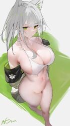 alternate_costume animal_ears arknights bare_legs bare_shoulders barefoot bikini bikini_top_only bottomless breasts chinese_commentary cleavage closed_mouth commentary_request female from_above green_eyes highres kal'tsit_(arknights) large_breasts looking_at_viewer medium_hair navel omone_hokoma_agm paid_reward_available pussy signature solo standing stomach swimsuit uncensored white_bikini white_hair