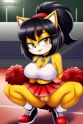 1girls ai_generated amber_eyes anthro basketball_court black_choker black_hair breasts cat_girl catgirl cheerleader cheerleader_uniform choker feline furry honey_the_cat large_breasts looking_at_viewer mobian_(species) mobians.ai pom_poms ponytail red_skirt sonic_(series) sonic_the_fighters sonic_the_hedgehog_(series) squatting tagme vagina