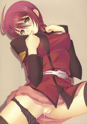 female gundam gundam_seed gundam_seed_destiny lunamaria_hawke lying pussy pussy_juice scan short_hair skirt solo taka_tony uniform white_background