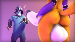 anthro ass balls bandai_namco big_balls big_butt big_penis clothing digimon digimon_(species) duo erection erection_under_clothing femboy genitals hi_res huge_balls huge_cock hyper hyper_genitalia hyper_penis male not_person420 penis pyro_(team_fortress_2) renamon tail team_fortress_2 valve