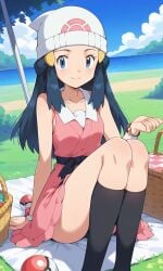 ai_generated blue_eyes blue_hair dawn_(pokemon) game_freak looking_at_viewer nintendo outdoors picnic picnic_basket picnic_blanket pokemon pokemon_dppt smile solo