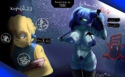 1girls 1other 1x1x1x1_(forsaken) 2026 areolae artist_name artist_signature big_breasts bikini black_thighhighs blue_areola blue_bikini blue_hair blue_nipples blue_pubic_hair blue_shirt bra breasts clothing condom_packet_strip condom_wrapper cracked_skin damaged damaged_clothes diva_(project_diva:_deep_blue) dizzyvevo english_text eyebrows eyebrows_visible_through_hair female forsaken_(roblox) game_ui gameplay_mechanics half-closed_eyes hatsune_miku holding_bra holding_condom holding_condom_packet_strip holding_object horny horny_female imminent_sex looking_at_another medkit nervous nervous_face nervous_sweat night nipples noob_(forsaken) one_breast_out outdoors porcelain project_diva:_deep_blue pubic_hair red_eyes roblox roblox_game robloxian skimpy_clothes sleeveless sleeveless_shirt smile standing star starry_sky stars status_effect surprised surprised_expression sweat sweatdrop text the_spectre_(forsaken) thick_thighs thighhighs thighs thong timer_display twintails vocaloid white_body yellow_hair yellow_skin