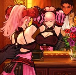 1boy 1boy1girl 1girls 2025 bangs bedroom bedroom_eyes big_breasts breasts claude_von_riegan clothed clothing couple dark-skinned_male dark_skin dress earrings female fire_emblem fire_emblem:_three_houses flowers formal_wear gloves hair_lift high_resolution highres hilda_valentine_goneril huge_breasts long_hair male mirror pink_eyes pink_hair ponytail sethkiel short_hair smile undressing white_skin