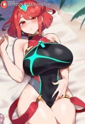 :o ai_generated beach from_above hand_on_waist large_ass large_breasts lying on_back one-piece_swimsuit primosan pussy_juice pyra_(xenoblade) red_eyes red_hair short_hair swimsuit xenoblade_(series)