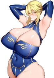 ahoge arind_yudha artoria_pendragon artoria_pendragon_(lancer) big_breasts blonde_hair blush bodysuit breasts fate/grand_order fate_(series) female happy huge_ass huge_breasts kingsmile solo thick_thighs