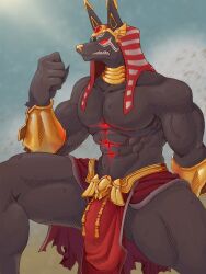 anubis anubis_reaper balls bara big_penis black_balls egyptian_mythology gay hi_res large_penis loincloth male_only muscular muscular_male mythology overwatch overwatch_2 pecs reaper red_eyes simple_background solo_male