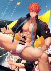 1boy abs absurd_res accidental_exposure ass_visible_through_thighs audience balls_under_clothes bara bare_breasts baseball_field beefy big_areola big_breasts big_penis blush censor_bar censored censored_penis clenched_hand collarbone confetti dutch_angle embarrassed erection exposed_anus eyebrows_visible_through_hair flag fundoshi gakuran gay hachimaki headband hi_res huge_cock hunk looking_at_penis male male_breasts male_only mature_male meisho_hanten morning muscles muscular muscular_arms muscular_legs muscular_male muscular_thighs navel no_body_hair open_clothes oppai orange_hair original original_character ouendan passionate pecs penis penis_out quadriceps red_eyes retracted_foreskin revealing_clothes rokushaku_fundoshi school_uniform short_hair six_pack skimpy sky spread_legs stadium stadium_background standing thick_penis thick_thighs tough_guy uncircumcised uncut veiny_penis very_high_resolution white_fundoshi yaoi