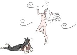 !? blake blake_belladonna blush clothed_female_nude_female dashingicecream duo long_hair nude rwby the_party_tit weiss_schnee white_background wind