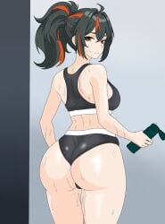 1girls ass breasts female female_only huge_ass multicolored_hair one_female only_female red_eyes solo solo_female sports_bra sweating tsubasadraw zenless_zone_zero zhu_yuan