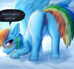animal_genitalia animal_vulva anus bedroom_eyes bent_over big_tail blue_body blue_fur blush bodily_fluids butt cloud cutie_mark dialogue english_text equid equine equine_genitalia equine_vulva eyelashes female feral friendship_is_magic fur genital_fluids genitals hair hasbro hi_res hooves horse looking_at_viewer looking_back mammal mane mane_hair multicolored_hair multicolored_tail my_little_pony mythological_creature mythological_equine mythology narrowed_eyes outside patreon_link patreon_logo pegasus pink_eyes pony presenting presenting_anus presenting_hindquarters presenting_vulva puffy_anus pull_out_request rainbow_dash_(mlp) rainbow_hair raised_tail rear_view saliva seductive sky skyscape solo stellaamoris tail text tongue url vaginal_fluids vulva wings
