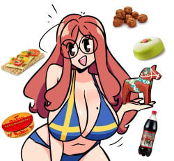 1girl 1girls 2026 astrid_(murgoten) big_boobs big_breasts bikini bikini_top birthmark blue_bikini boobs breasts clothed clothing digital_drawing_(artwork) digital_media digital_media_(artwork) food glasses hair hi_res highres hot murgoten red_hair shorts simple_eyes sweden white_background