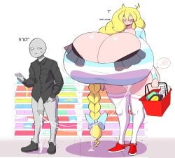 1boy 1girls after_sex blonde_hair cassie_(theycallhimcake) cum cum_trail edit gigantic_breasts height_difference huge_breasts impregnation penis theycallhimcake