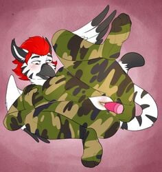 anthro avian beak bird breasts brown_eyes camo_print camouflage_clothing dildo eagle female furry gryphon masturbation red_hair sex_toy shadowpelt short_hair solo striped_fur suit tagme tail toy vibrator zentai