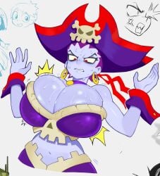 1girls breast_expansion breasts huge_breasts pirate pirate_hat purple_hair red_eyes risky_boots shantae sweat werfmight wide_hips