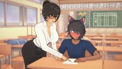 1boy 1girls 3d age_difference blush breasts brown_hair brown_skin calculus cat_collar cat_ears catboy choker classroom dark-skinned_male dark_skin distracted female_teacher fluffy_hair flustered glasses helping huge_ass huge_breasts human_female humanoid_male large_breasts larger_female math mature_female multicolored_hair older_female pr0x3r rex_(pr0x3r) smaller_male staring_at_breasts teacher/student teacher_and_student teacher_outfit teaching tutoring white-skinned_female younger_male yuuko_(snusmumriken)