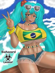 1girls big_breasts biohazardleonar blue_eyes blue_hair brazil brazilian brazilian_female brazilian_miku breasts dark-skinned_female dark_skin female female_only hand_gesture hatsune_miku solo tan tan-skinned_female tan_body tan_skin tanline tanned v_sign vocaloid