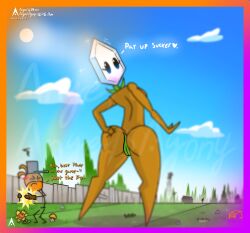 agonywelds ass back_view censored femdom grass hand_on_butt leaf looking_down magnifying_grass_(pvz) plant plant_girl plants_vs_zombies pussy sideboob smaller_male spread_anus spread_pussy taller_girl text thick_ass thick_thighs thighs