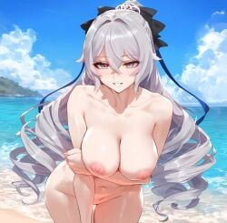 1girls ai_generated bangs beach blue_sky blush bow breasts bronya_rand bronya_zaychik clavicle cleavage cloud completely_nude curvaceous curvaceous_female curvaceous_figure curvy curvy_figure dark-skinned_male day drill_hair female female_focus grey_eyes grey_hair hair_between_eyes hair_ornament hairbow honkai_impact_3 honkai_impact_3rd large_breasts leaning_forward long_hair looking_at_viewer navel nipples nude ocean outdoors presenting_breasts sand seductive seductive_look seductive_smile sky smile solo thighs tied_hair twin_drills uncensored vagina very_long_hair voluptuous voluptuous_female waifulover water white_hair