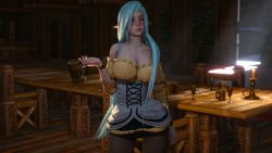 3d big_breasts blue_eyes blue_hair calypso_(eternum) caribdis clothed clothed_female clothing curvy curvy_figure elf elf_ears elf_female elf_girl eternum flushed_face holding_object hourglass_figure safe safe_for_work sfw sunlight tavern thick_thighs video_game video_game_character video_games white_skin