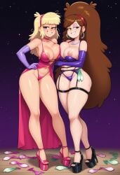 2girls ai_generated ass blonde_hair brown_hair cocktail_dress disney elbow_gloves gloves gondor952 gravity_falls high_heels huge_ass huge_breasts mabel_pines nipples pacifica_northwest platform_heels red_dress slut slutty_outfit used_condom