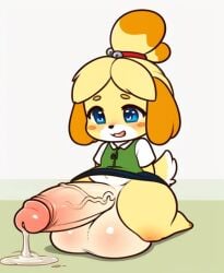 1futa ai_generated animal_crossing big_balls big_penis blue_eyes chibi cum cumdrip cute cute_face fur furry futa_only futanari happy hyper_balls hyper_penis isabelle_(animal_crossing) kneeling nintendo simple_background