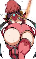 2d 2d_(artwork) 2d_artwork ass ass_focus ass_shot back back_view backboob background big_ass big_breasts breasts bubble_butt cameltoe color female female_only fire hanabi_(ocha) holding_object nintendo pyra short_shorts shorts simple_background simple_shading solo suspenders sword tagme thick_thighs thighhighs upshorts viewed_from_below weapon white_background xenoblade_(series) xenoblade_chronicles_2