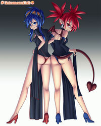 2girls back_view blue_hair blue_panties crossover disgaea etna looking_back neptunia_(series) nisa red_panties reit skirt_lift thong